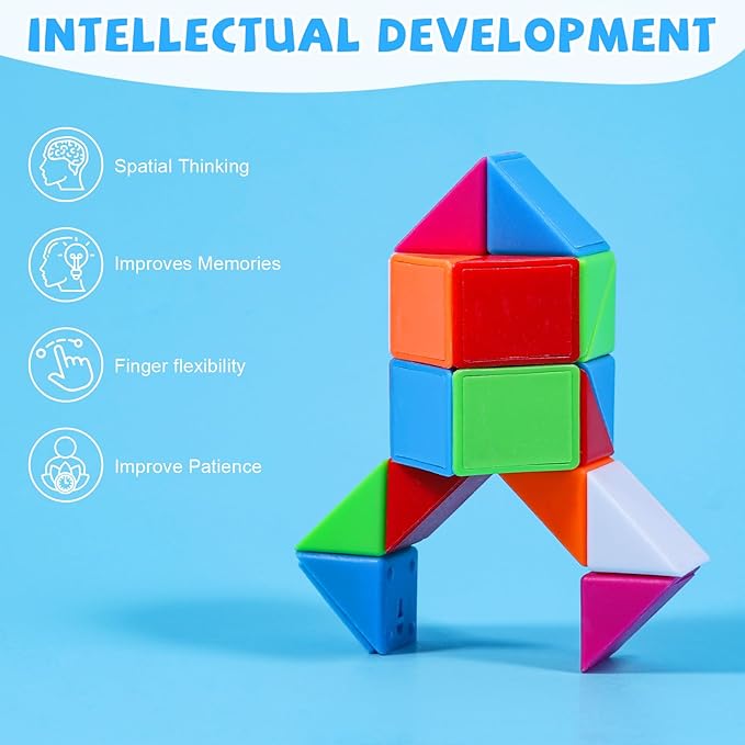 12 Pack Magic Snake Cube Fidget Toys for Kids - 24 Blocks Rainbow Twist Puzzle, Party Favors, Classroom Prizes, Birthday Goodie Bag Fillers, Stress Relief Sensory Toys