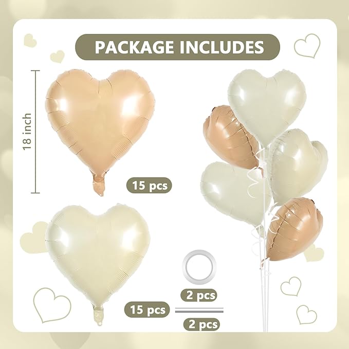 TONIFUL 30Pcs 18 Inch Caramel Cream White Balloons Cream White Heart Shape Foil Mylar Banners Decoration for Birthday Valentine's Day Wedding Bridal Shower Anniversary Engagement Party Supplies