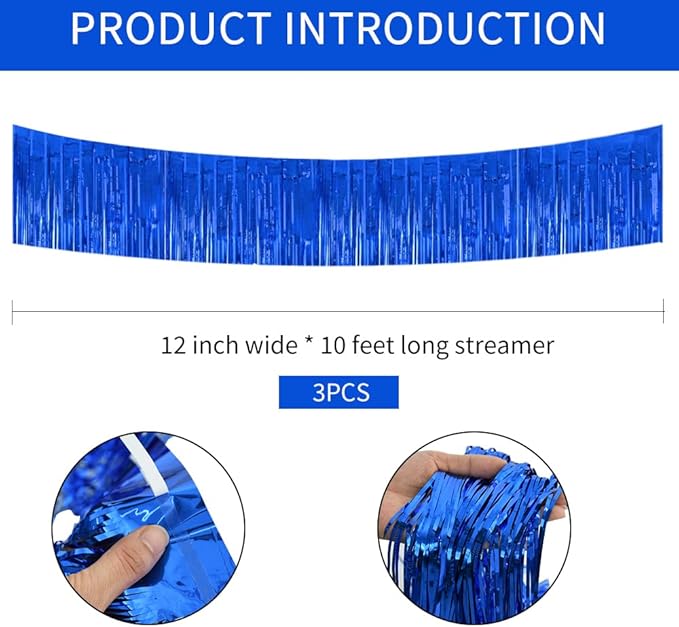 BEISHIDA 3 Packs Metallic Foil Fringe Garland Blue Wall Hanging Tinsel Fringe Banners for Valentine New Year Floats Bridal Shower Wedding Birthday Halloween Holiday Party Decoration(30 Feet)