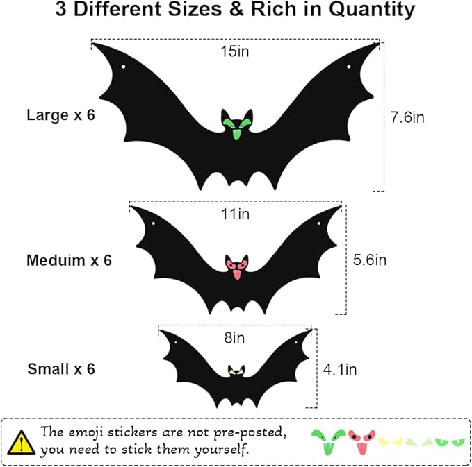 (18 Pcs) Hanging Bats Halloween Decoration Outside, Large Flying Plastic Bats Outdoor Decor, 3 Different Sizes with Cute Eye Stickers for Hanging in The Tree, Porch, Yard, Lawn, Indoor