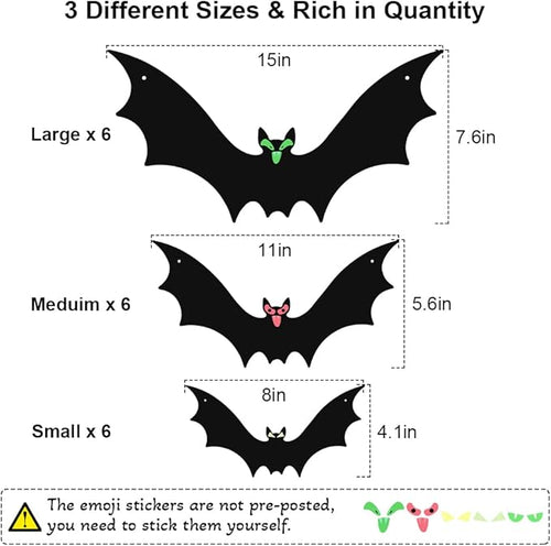 (18 Pcs) Hanging Bats Halloween Decoration Outside, Large Flying Plastic Bats Outdoor Decor, 3 Different Sizes with Cute Eye Stickers for Hanging in The Tree, Porch, Yard, Lawn, Indoor