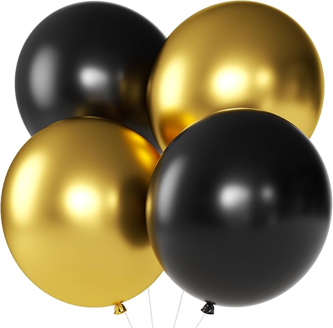 KALOR Metallic Gold and Black Giant Balloons 36 Inch Large Latex Balloons, 4 Pack Jumbo Round Helium Balloon for Birthday Bridal Shower Wedding Baby Shower Party Decorations