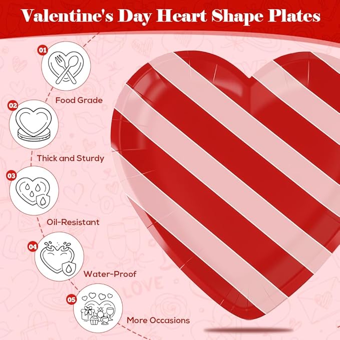 48 Pack 9 Inch Heart Shaped Paper Plates for Mother's Day & Valentine’s Day, Disposable Pink & Red Party Plates, 4 Designs for Wedding, Anniversary, Galentine’s Day Party Supplies