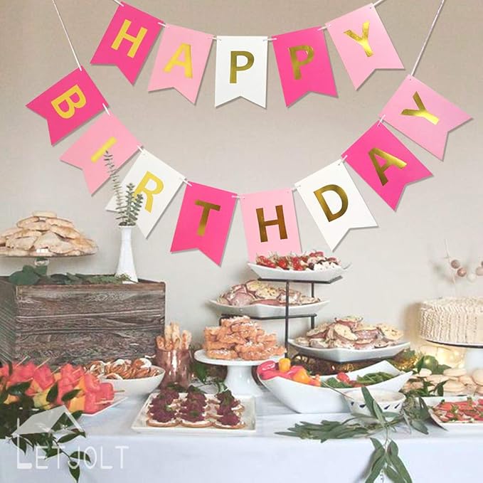 Roseo Pink Happy Birthday Banner Signs Golden Sparkle Funny Birthday Party Supplies for Girls Party Decorations Nursery Decorations 13 Pieces
