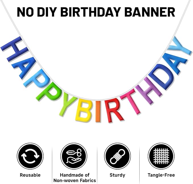Pre-Strung Happy Birthday Banner NO DIY Happy Birthday Sign Reusable Personalized Birthday Party Banner Birthday Hanging Decoration Photo Prop for Kids Women Men Girl Boy (Rainbow)