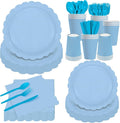 140 Pcs Light Blue Paper Plates and Napkins, Blue Party Supplies Include Light Blue Scalloped Plates Napkins Cups Plastic Spoons Forks Knives for Baby Shower,Wedding,Birthday