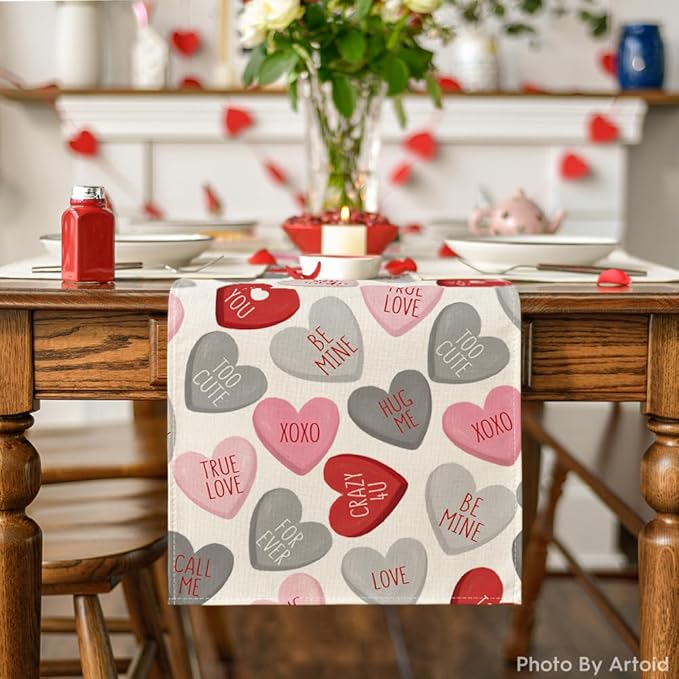 Artoid Mode Grey Pink Ture Love Heart Valentine's Table Runner, Seasonal Kitchen Dining Table Decoration for Home Party Decor 13x72 Inch