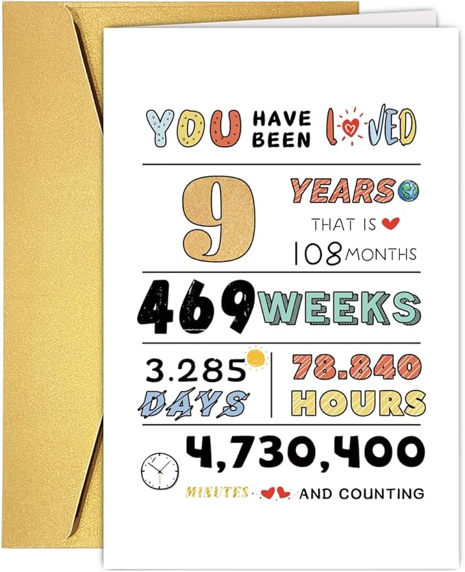 Cute 9th Birthday Card for Girls Boys, Ideal 9th Birthday Gift from Mom Dad, 9 Years Old Birthday Card Gift For Son Daughter Children, Unique 9th Birthday Decorations for Grandson Granddaughter