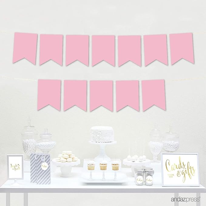 Andaz Press Hanging Pennant Banner with String, Blush Pink, 1-Set, 24 Pennants, Approx. 12-Feet Long