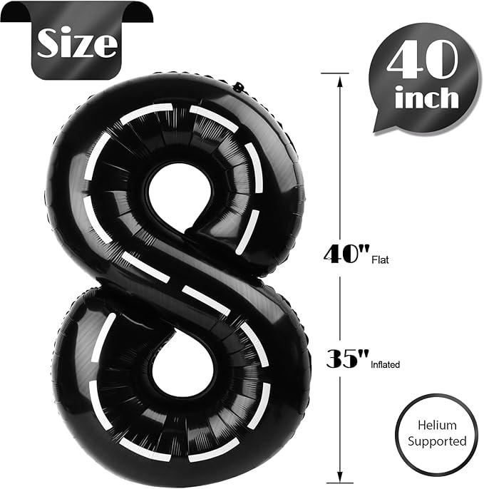 Race Car 8 Balloon, Number Balloons 40 Inch, 8th Black Birthday Decorations for Boys, Racing Party Decorations Birthday Balloons, Number 8 Balloon