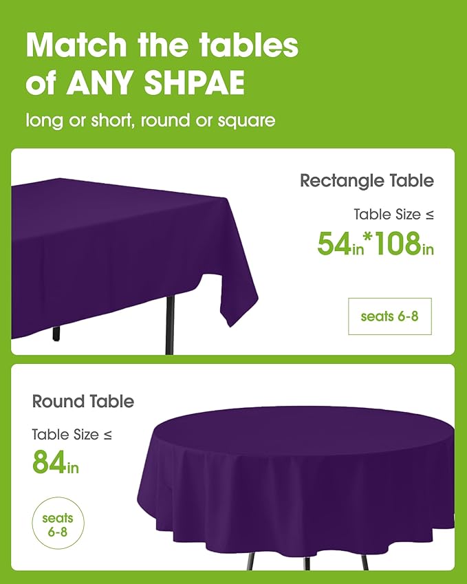 Pureegg Plastic Table Cloth Disposable 10 Pack, 84'' Round Table Cloths, Halloween Party Decorations, Summerween Decor, Halloween Tablecloths, Round, Plastic Cover, Leakproof & Sturdy, Purple