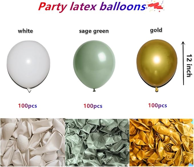 300 Pcs Sage Green White Gold 12 Inch Bulk Latex Balloons, for Birthday Baby Shower Gender Reveal Wedding Party Decoration