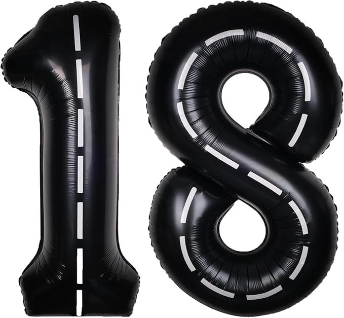 Race Car 40Inch Black 18 Balloon Number Large Helium Race Track 0-9 Giant Digital 18th Foil Mylar Big Party Number Balloons for Boy Birthday Car Theme Party Anniversary Graduation Decorations
