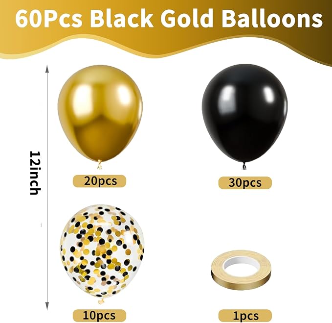Black and Gold Balloons, 60PCS 12 Inch Metallic Gold and Black Confetti Balloons Black Latex Balloons and Gold Latex Balloons for Birthday Graduation Anniversary Wedding Party Decorations