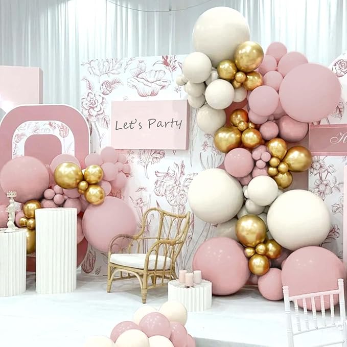 Pink White Gold Balloon Garland Arch Kit, 160Pcs Pastel Pink Matte White Metallic Gold Balloons for Girls Birthday Baby Shower Wedding Bridal Shower Party Decorations