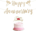 Happy Anniversary Banner & Cake Topper, Champagne Gold Anniversary Banner Decoration Set Pre-Strung Romantic Sign Garland for Wall Porch Wedding Party Decoration