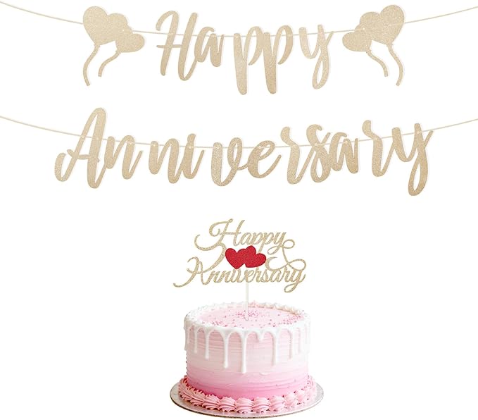 Happy Anniversary Banner & Cake Topper, Champagne Gold Anniversary Banner Decoration Set Pre-Strung Romantic Sign Garland for Wall Porch Wedding Party Decoration