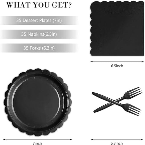 105PCS Paper Plates and Napkins Set,7 Inch Scalloped Disposable Tableware with Forks for Birthdays, Garden Parties & Outdoor Events,Serves 35 (Black)