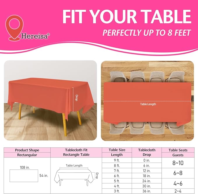 Disposable Plastic Tablecloth Coral 54x108 Inch, 5-Pack Waterproof Rectangular Table Cover for Parties, Picnics, Dining Protection