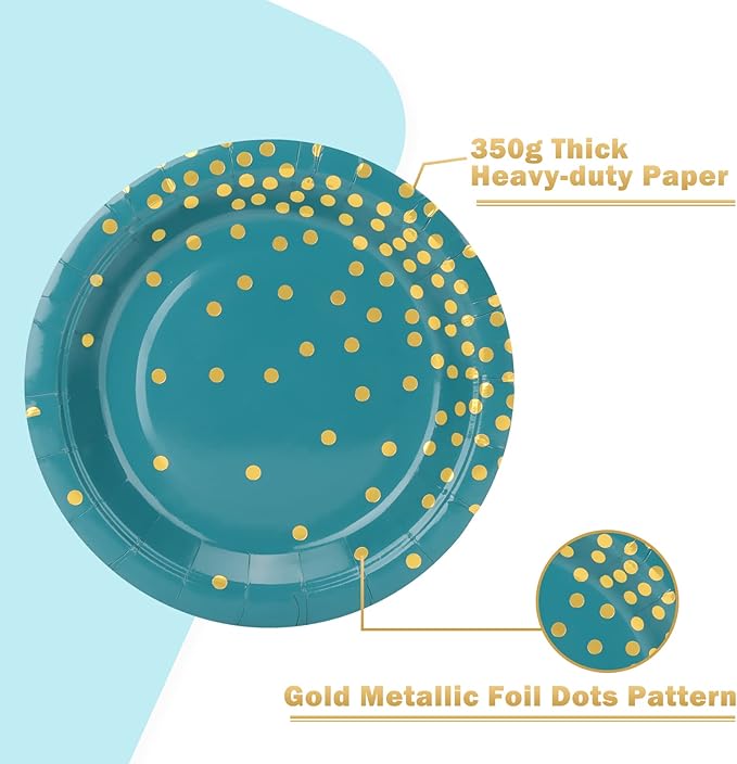 Blue Green and Gold Paper Plates,50pcs 7inch Gold Dot Party Dessert Plates,Disposable Foil Polka Dots Paper Plate for Father's Day,Independence Day,Birthday,Picnics