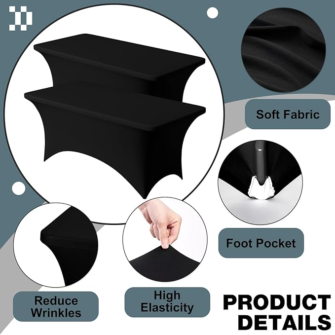 Trlyc 2 Pack 8FT Spandex Table Cloth - 96 x 30 Inch Rectangular Stretch Tablecloth, Wrinkle Resistant Scretch Table Cover for Wedding, Party, Banquet, Picnic, Outdoor Decoration (2Pcs,Black)