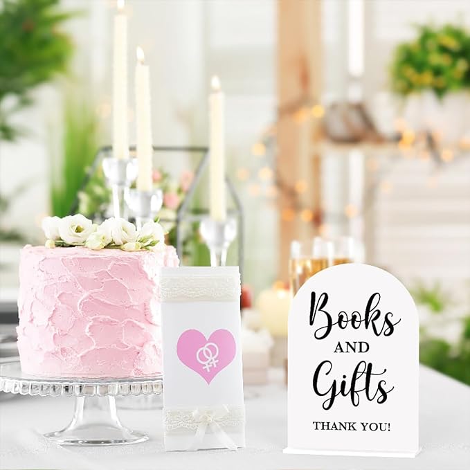 Baby in Bloom Shower Decorations, Baby Shower Sign, Newborn Gifts, Books and Gifts Signs, Modern Calligraphy Arched Acrylic Table Top Signs With Stand for Birthday Party Decorations (White)
