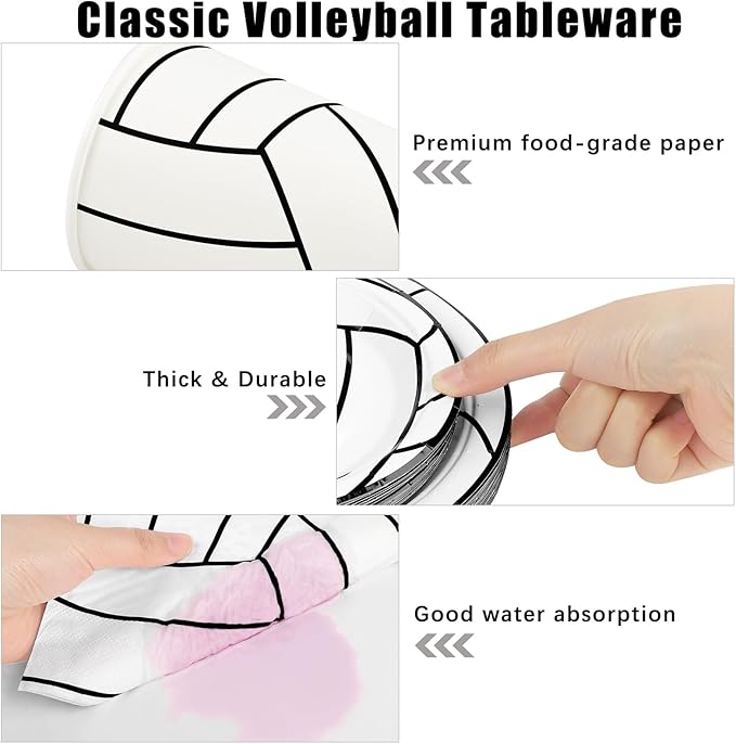 durony 144 Pieces Volleyball Paper Plates and Napkins Dinnerware Set Volleyball Birthday Party Tableware Supplies Includes Paper Plates Napkins Forks Serve 24 for Sports Party Supplies
