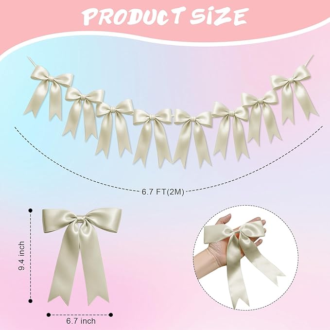 2 Strings of 16PCS Ivory White Bow Garland Banner Decoration,Pre-Strung Satin Ribbon Ornaments for Birthday,Bachelorette Party,Bridal Shower,Wedding,Engagement,Baby Shower,Graduation Decor,Anniversary