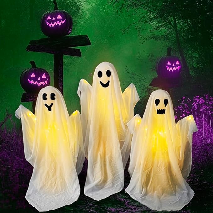 3 Pack Halloween Ghosts Decorations Outdoor,White Cloth Ghosts Stakes with Incandescent Light, Holiday Party Home Haunted House Yard Art, Front Yard Patio Lawn Garden Decor