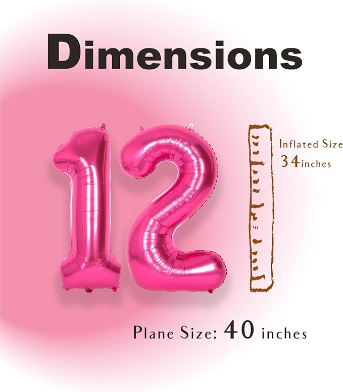 SUWEN 40 Inch Hot Pink Large 12 Number Balloons Big Foil Helium Number Balloons 0-9 Jumbo Happy 12th Mylar Birthday Party Decorations for Girl or Women 21 Anniversary Party Supplies