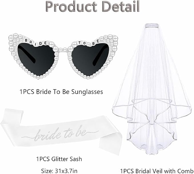 3PCS Glitter Silver Bride To Be Sash and Veil Bride Heart Pearl Sunglasses for Bachelorette Bridal Shower Engagement Party Favors Accessories