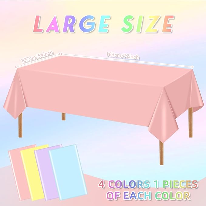 mwellewm 4 Pcs Pastel Table Cloths for Parties Plastic 54x72 Inch Rainbow Pastel Tablecloth Disposable Colorful Rectangle Table Cover Decoration for Birthday Baby Shower Wedding Princess Ice Cream