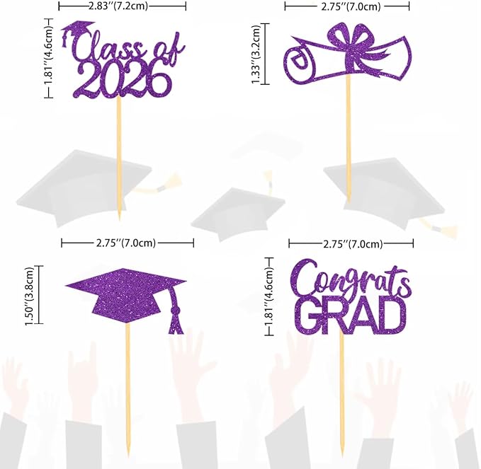 2026 Graduation Theme Cupcake Toppers Glitter Class of 2025 Graduation Cap Diploma Cupcake Picks - Set of 24 (Purple2)