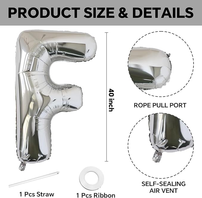 KALOR 40 Inch Silver Letter F Balloons Jumbo Foil Mylar Helium Big Balloons for Birthday Party Anniversary Baby Shower Supplies