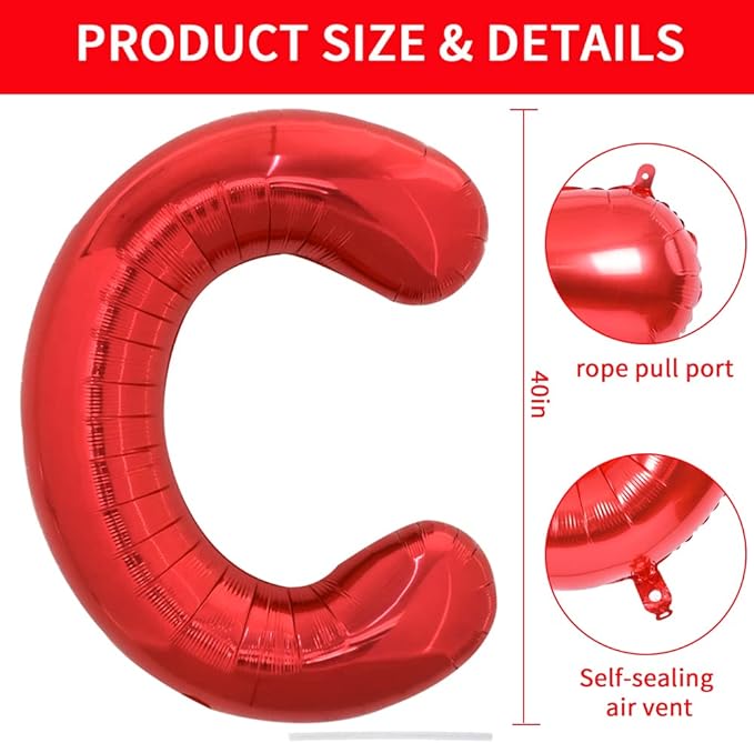 TONIFUL 40 Inch Large Bright Red Letter Balloons A-Z, Giant Jumbo Helium Foil Mylar Big Letter C Balloons for Birthday Party Anniversary Wedding Decorations
