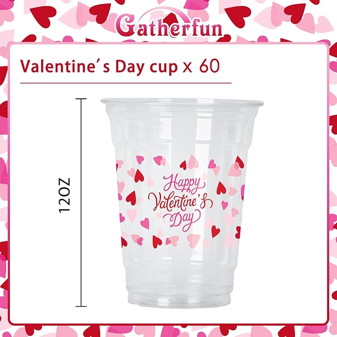 Gatherfun Valentine's Party Supplies - Romantic 60 Pcs 12oz Love-Themed Plastic Cups for Charming Decorations, Perfect for Valentines