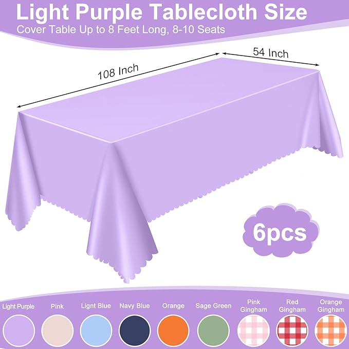 6 Pack Lavender Plastic Tablecloth, 54 X 108Inch Disposable Light Purple Scalloped Easter Table Cloth Waterproof Spring Table Cover for Mother's Day BBQ Picnic Baby Shower Birthday Wedding Decor