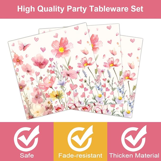 Spring Flowers Plates and Napkins Sets Pink Floral Party Supplies Wildflower 9inch 20pcs Paper Plates and 20pcs Napkins Tableware Party Decorations for Anniversary Wedding Birthday
