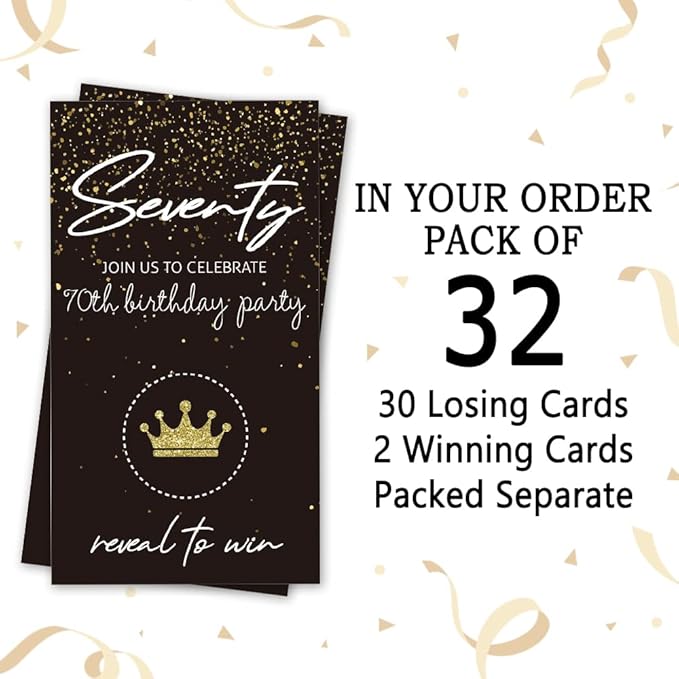 REWIDPARTY Black Gold Seventy Birthday Scratch Off Cards（32 PCS） 70th Birthday Party Game Scratch Cards Cheers to 70 Years Party Supplies Activity for Black Gold Birthday Raffle Tickets Kids Adults