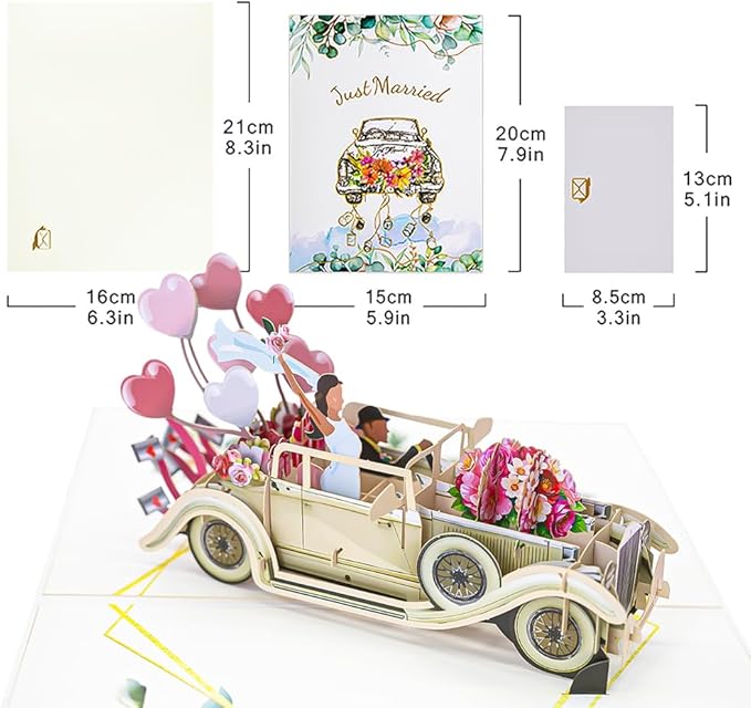 Vintage Wedding Car Pop Up Card, 3D Just Married Greeting Card with Bride & Groom, Romantic Anniversary Card, Engagement, Bridal Shower, Newlywed Gift for Couples