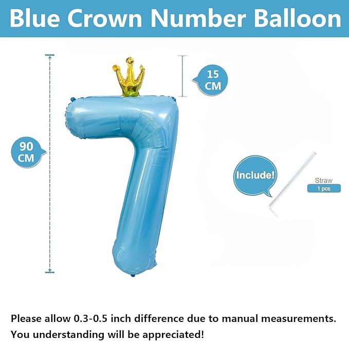 Blue Number 7 Balloon with Crown, 40 inch Blue Number Balloon 7th Birthday Party Decoration BlueCrown Balloons 0-9 for Birthday Party Anniversary Decorations Supplies