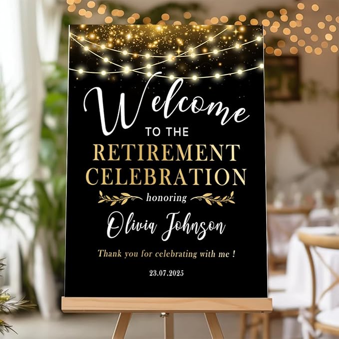 Retirement Celebration Party Welcome Sign, Gold Confetti on and Garland Lights on Black Retirement Celebration Yard Sign, Customizable Name & Date - Multiple Sizes