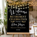 Retirement Celebration Party Welcome Sign, Gold Confetti on and Garland Lights on Black Retirement Celebration Yard Sign, Customizable Name & Date - Multiple Sizes