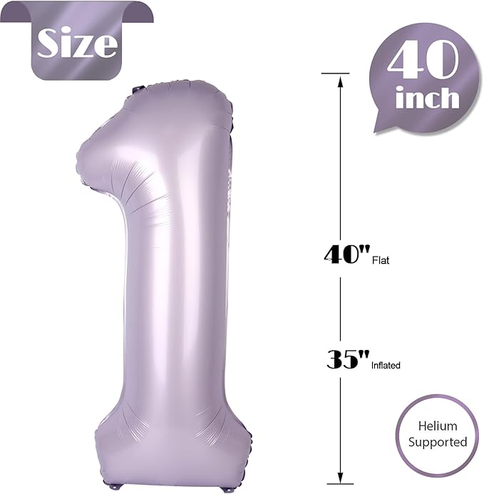 Lilac Number 1 Balloon for First Birthday 40 Inch, Lavender 1st One Number Balloons Birthday Decorations for Girl Boy Toddler Baby
