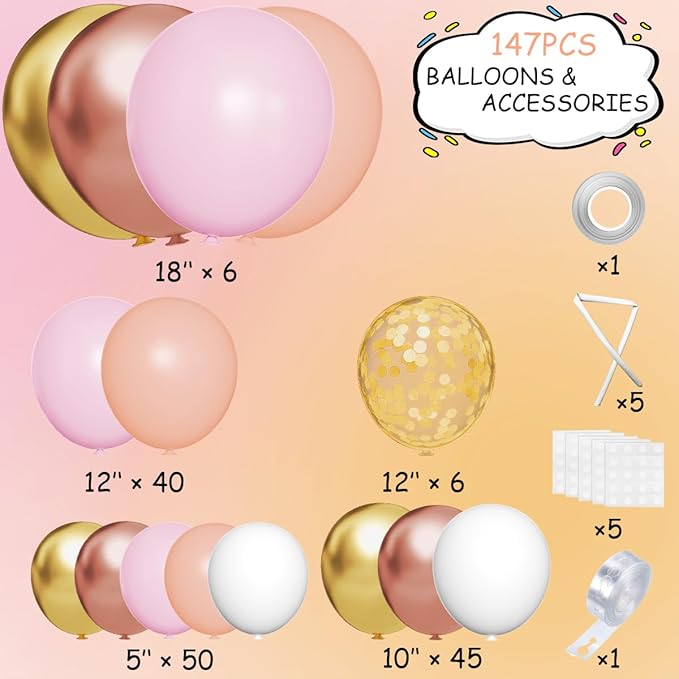 Rose Gold Balloon Arch Kit, 147Pcs Metallic Gold White Pastel Nude Pink and Rose Gold Balloons Garland with Confetti for Wedding Bridal Baby Shower Princess Girl Birthday Party Decorations
