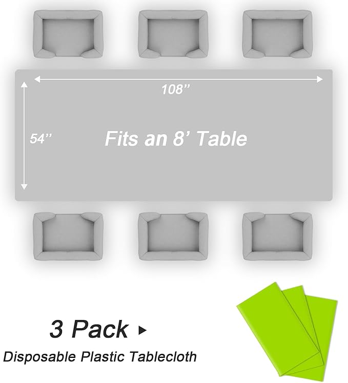 QIKSION Lime Green Plastic Table Cloth Disposable 3 Pack, 54 x 108 Inch Tablecloths for Party, Birthday, Halloween, Christmas Decorations, Rectangle Table Cover