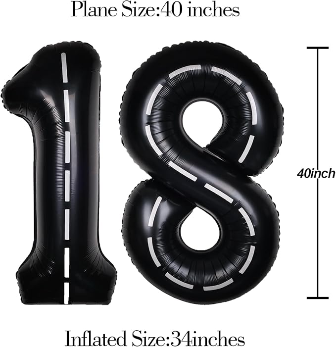 Race Car 40Inch Black 18 Balloon Number Large Helium Race Track 0-9 Giant Digital 18th Foil Mylar Big Party Number Balloons for Boy Birthday Car Theme Party Anniversary Graduation Decorations