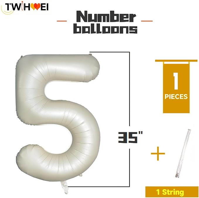 Number 5 Balloons White Sand Five Balloon for 5 Year Old Birthday Decorations 40 Inches Cream White Large Numbers 5th Birthday Party Nude Ballons Beige 5 Digital Neutral Balloon Pearl White 5