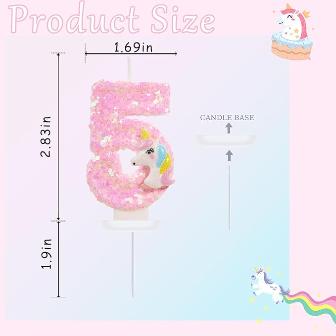 Birthday Candles - Number 5 Candle, 5th Birthday Decorations Girl, Pink Unicorn Candles for Cake Topper, Cartoon Theme Party Supplies