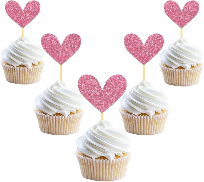 24Pcs Glitter Pink Heart Cupcake Toppers for Valentine's Day Decorations, Mixed Size Double-Sided Heart Valentine's Day Cupcake Toppers for Wedding Bridal Shower Party Decorations (Pink)